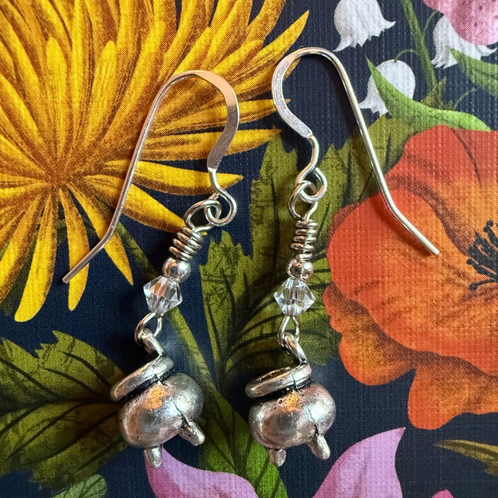 Handmade Earring Set Clear Crystal Witch Air & Sterling Silver Cauldron